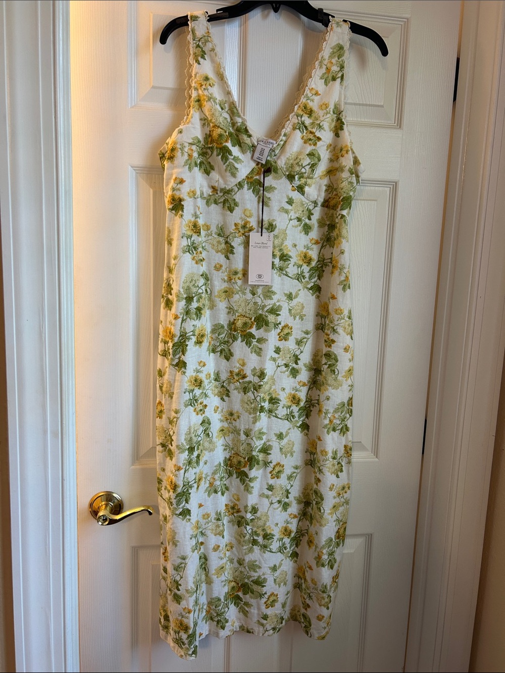 Laura Ashley Floral Lace-Trim V-Neck Maxi Dress in Green Yellow and Cream-US 10